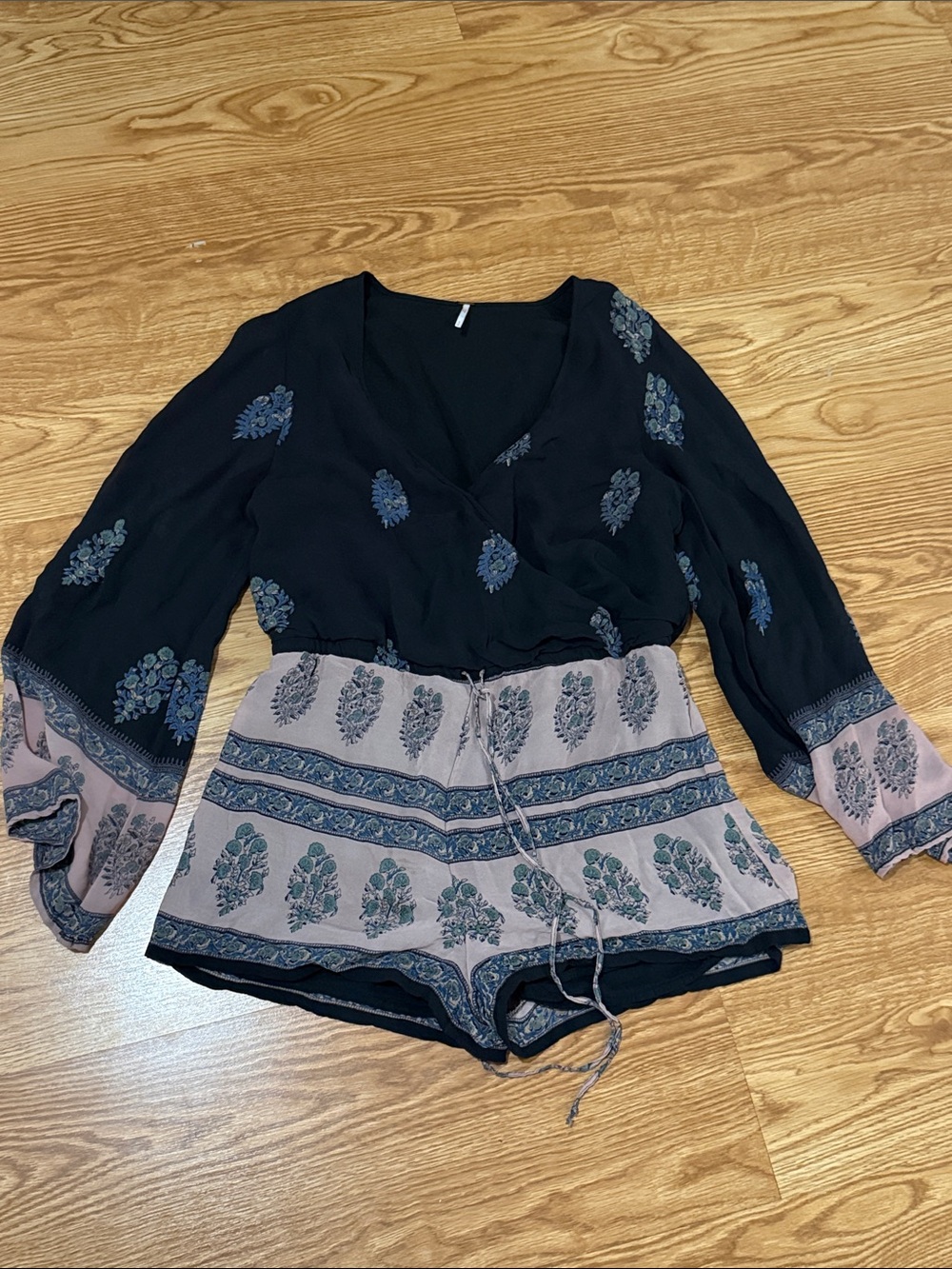Free People Black & Dusty Pink Floral Print Wrap Romper